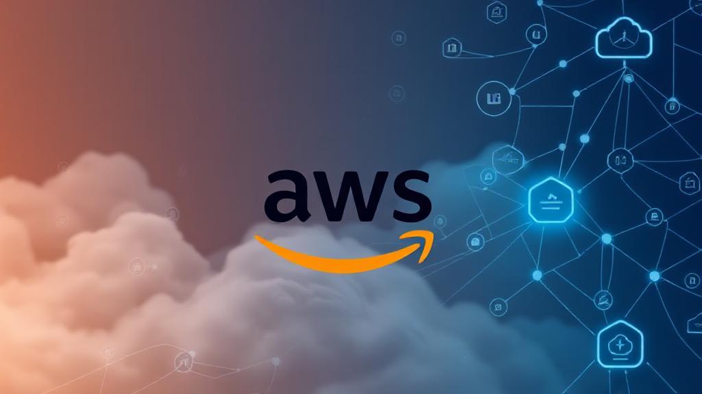 A sleek, modern graphic featuring the AWS logo prominently, set against a backdrop of cloud icons and digital networks.