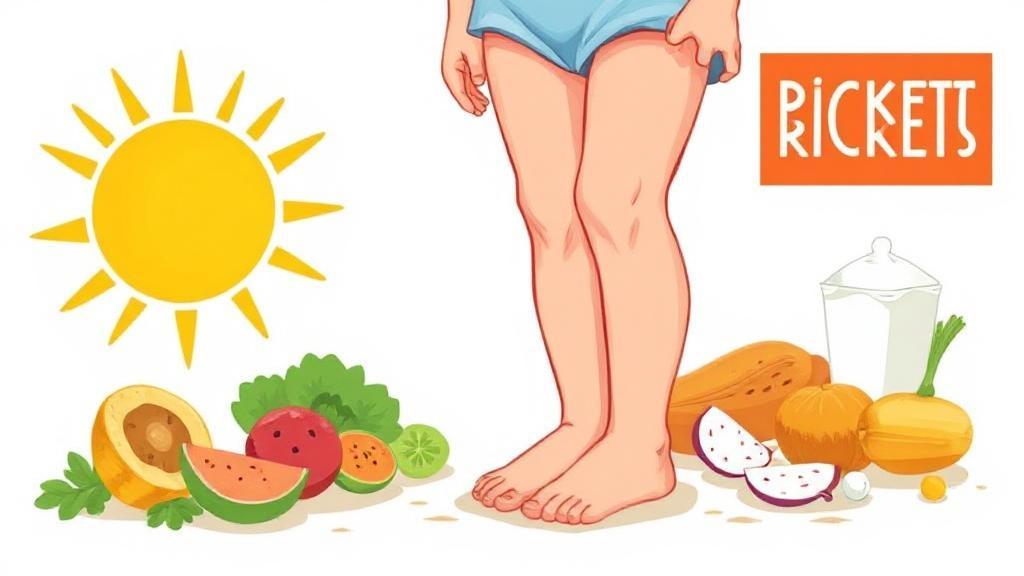 A vibrant illustration depicting a child with bowed legs, highlighting the physical symptoms of rickets against a backdrop of nutritional elements like sunlight and calcium-rich foods.