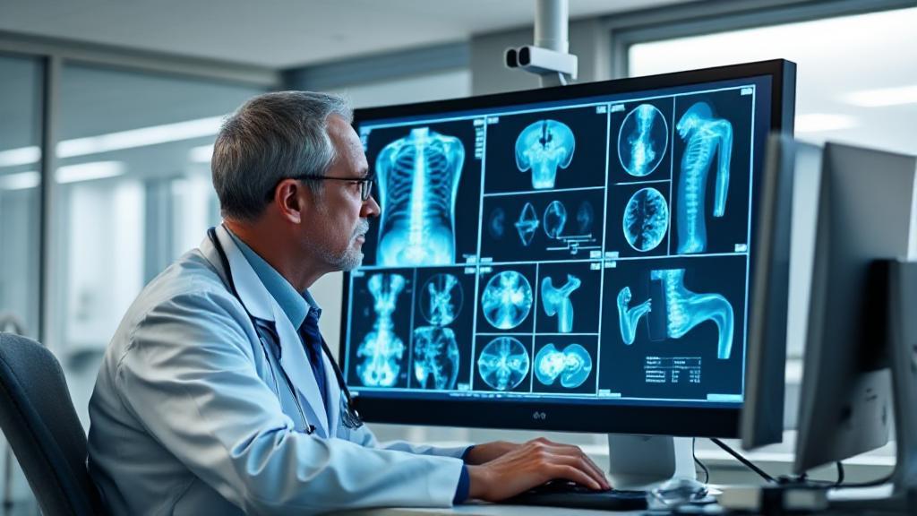 A radiologist analyzing medical images on a computer screen in a modern hospital setting.