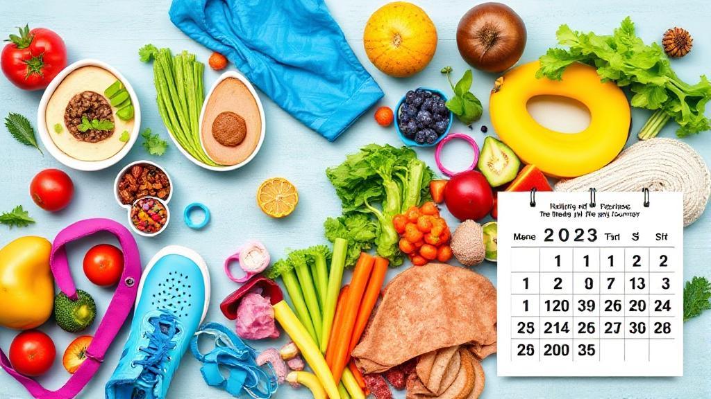 A vibrant collage of healthy foods, fitness gear, and a calendar highlighting 2023, symbolizing the journey of Weight Watchers members.