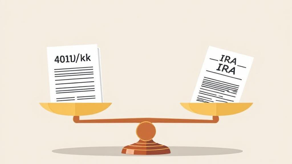 A balanced scale with a 401(k) document on one side and an IRA document on the other, symbolizing the decision-making process.
