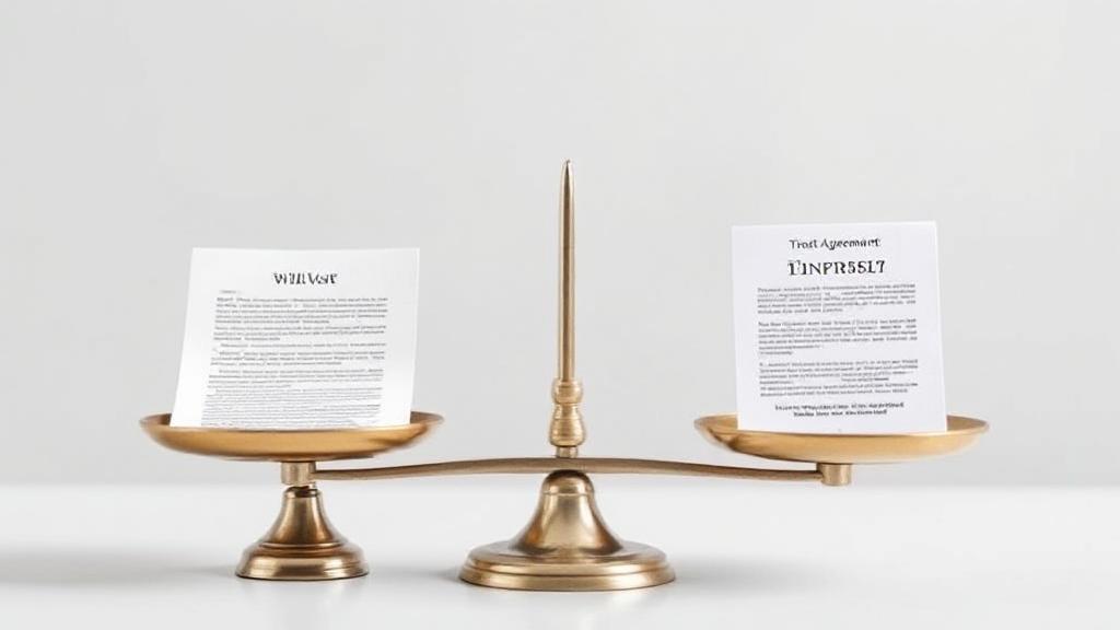 A balanced scale with a will document on one side and a trust agreement on the other, symbolizing the comparison in estate planning.