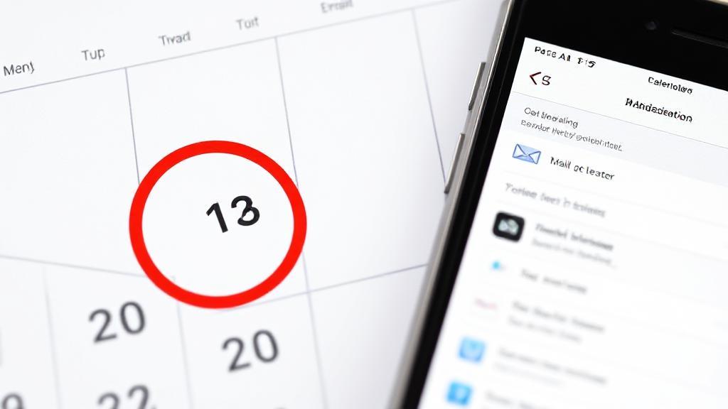 A close-up image of a calendar with a red circle around a specific date, alongside a smartphone displaying a mail tracking app.
