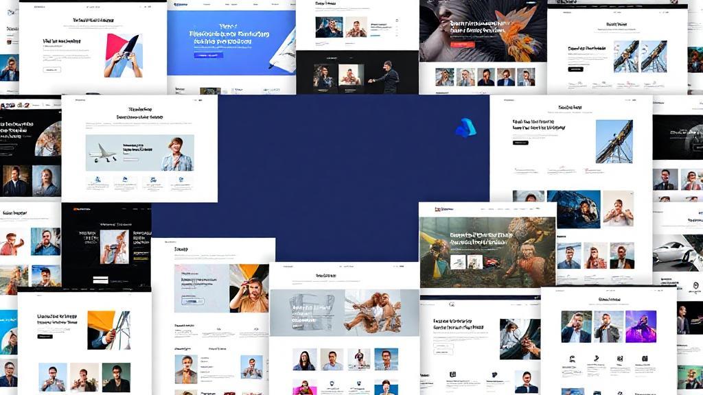 A dynamic collage of website templates and design tools, showcasing diverse features and benefits of top website builders.