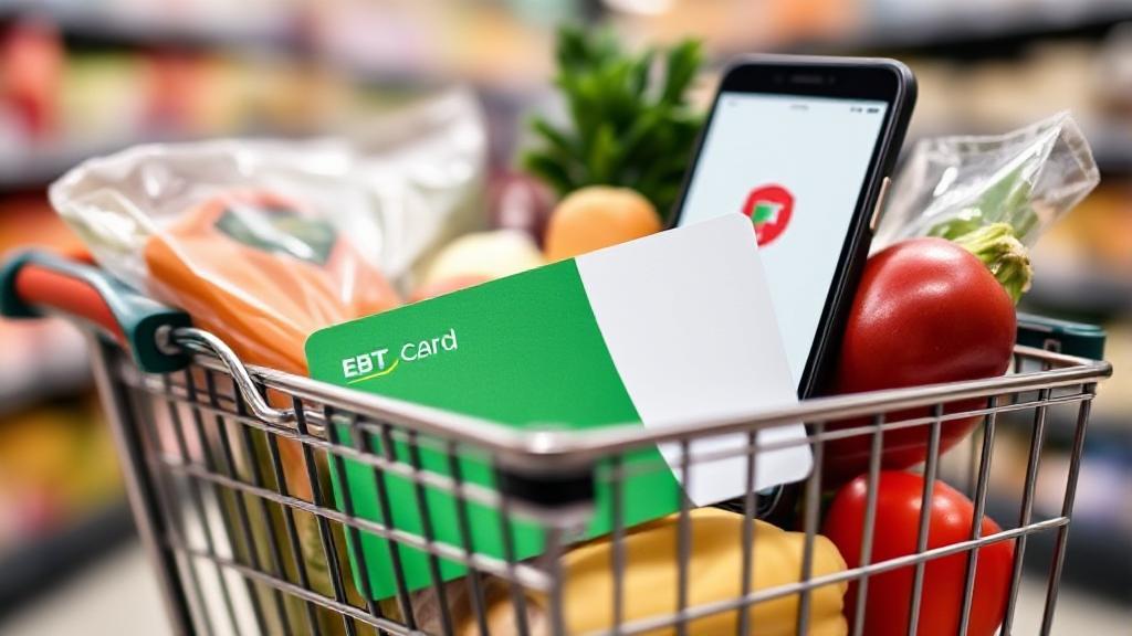 A shopping cart filled with groceries, featuring a prominent EBT card, set against the backdrop of a smartphone displaying the Instacart app.