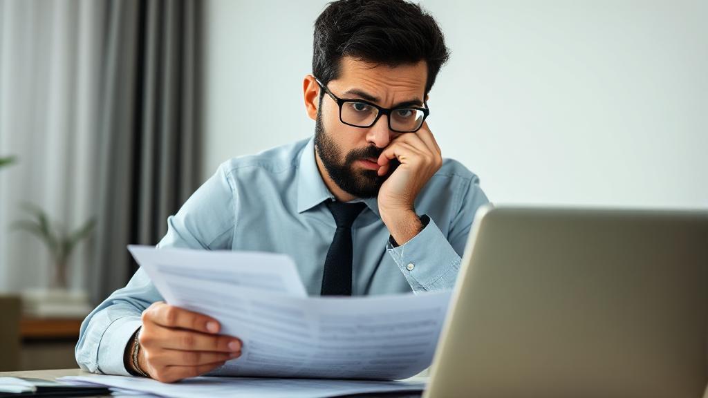 A concerned individual examining financial documents with a laptop displaying a warning symbol in the background.