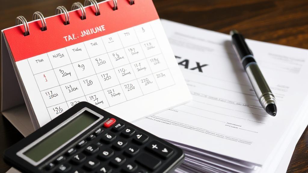 A calendar marked with important tax deadlines and a calculator resting on a stack of tax documents.