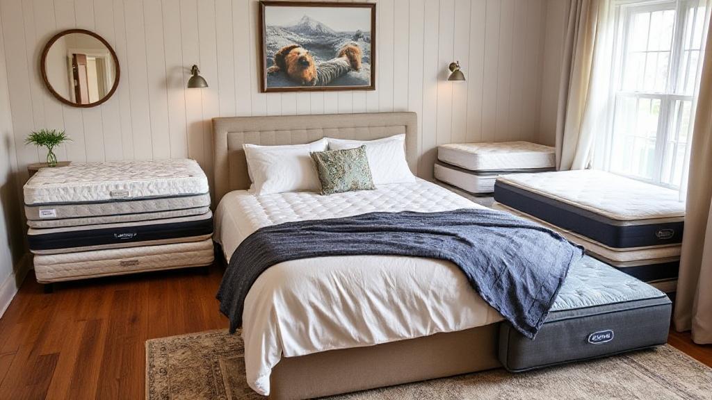 A cozy bedroom scene featuring a neatly made bed with a variety of mattress options displayed around it.