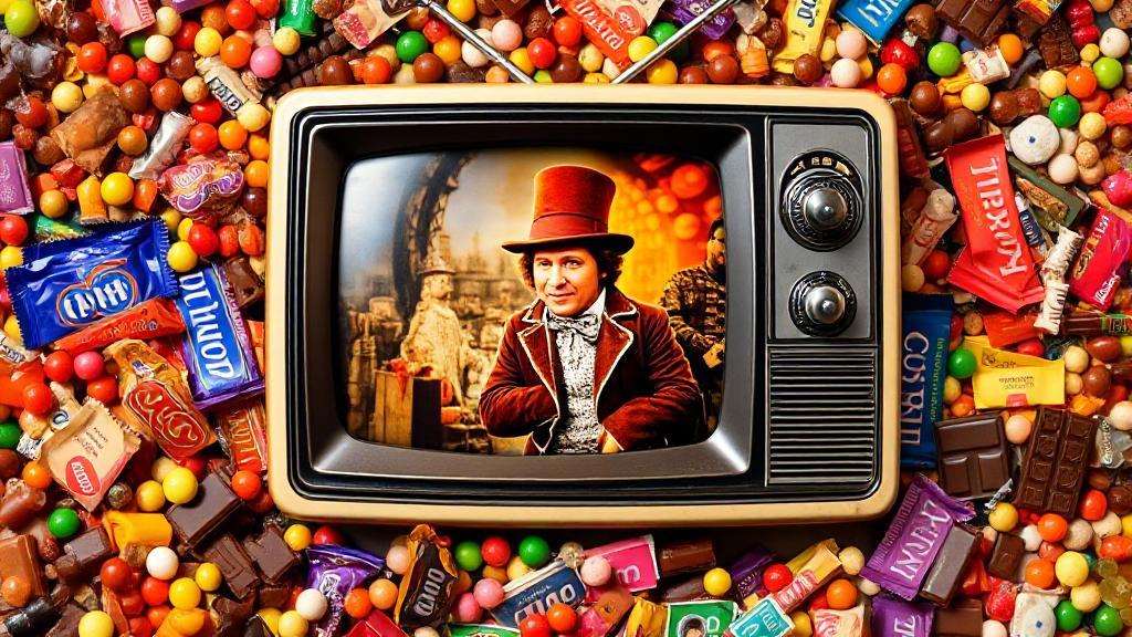 A whimsical collage of colorful candy and chocolate bars surrounding a vintage television displaying a scene from "Willy Wonka and the Chocolate Factory."