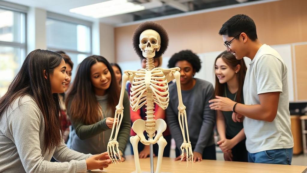 A diverse group of students engaged in a hands-on anatomy class, examining a human skeleton model in a bright, modern classroom setting.