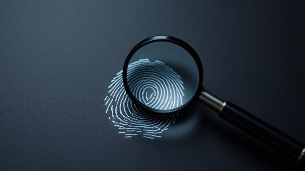 A magnifying glass hovers over a fingerprint on a dark surface, symbolizing the investigative nature of forensic science.