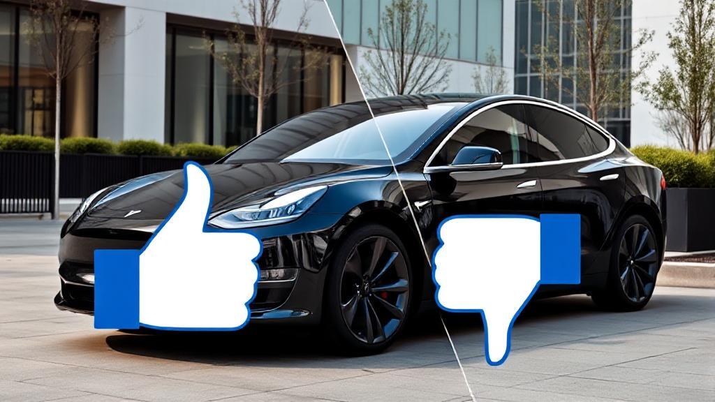 A sleek Tesla parked in a modern urban setting, with a split image effect showing contrasting symbols of a thumbs up and a thumbs down.