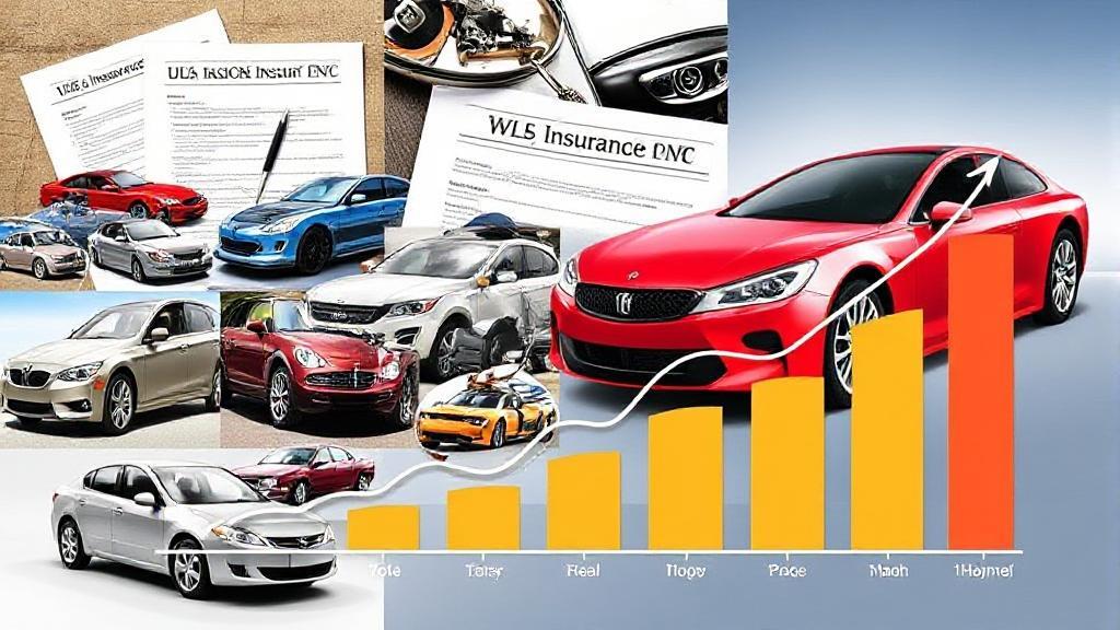 A dynamic collage of cars, insurance documents, and a fluctuating graph symbolizing the various elements influencing car insurance rates.