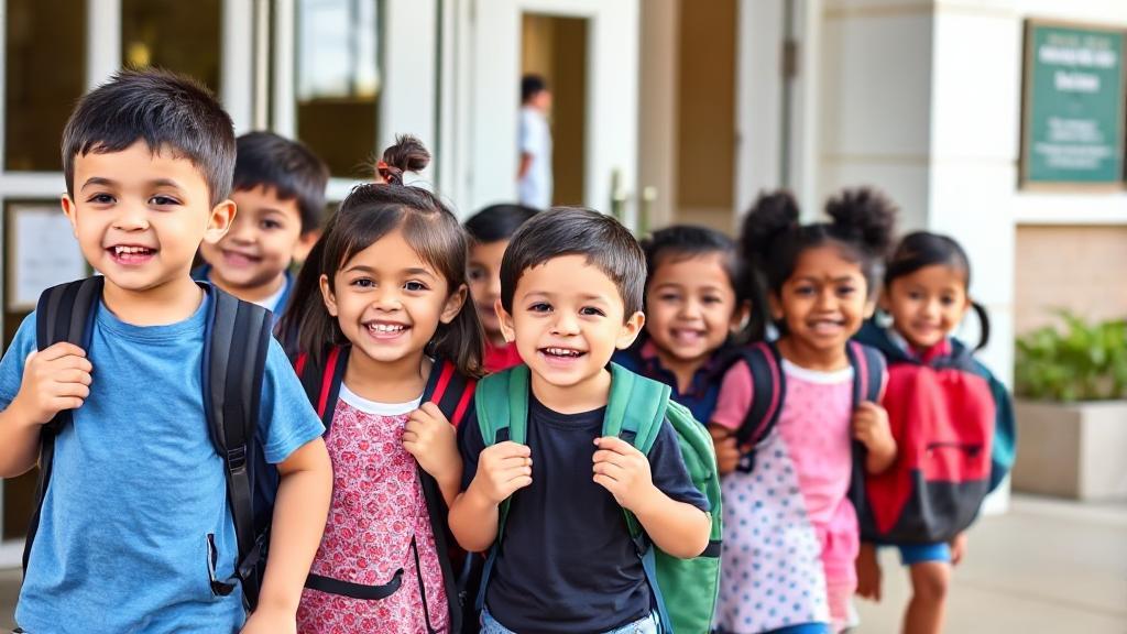 A diverse group of young children with backpacks excitedly entering a school building.