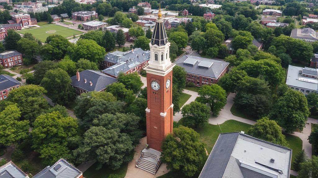Aerial view of Purdue University's iconic clock tower surrounded by lush greenery and campus buildings.