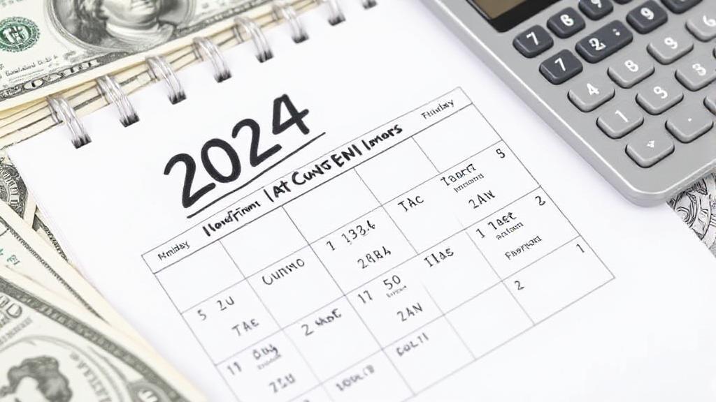 A calendar marked with key tax refund dates for 2024, surrounded by dollar bills and a calculator.