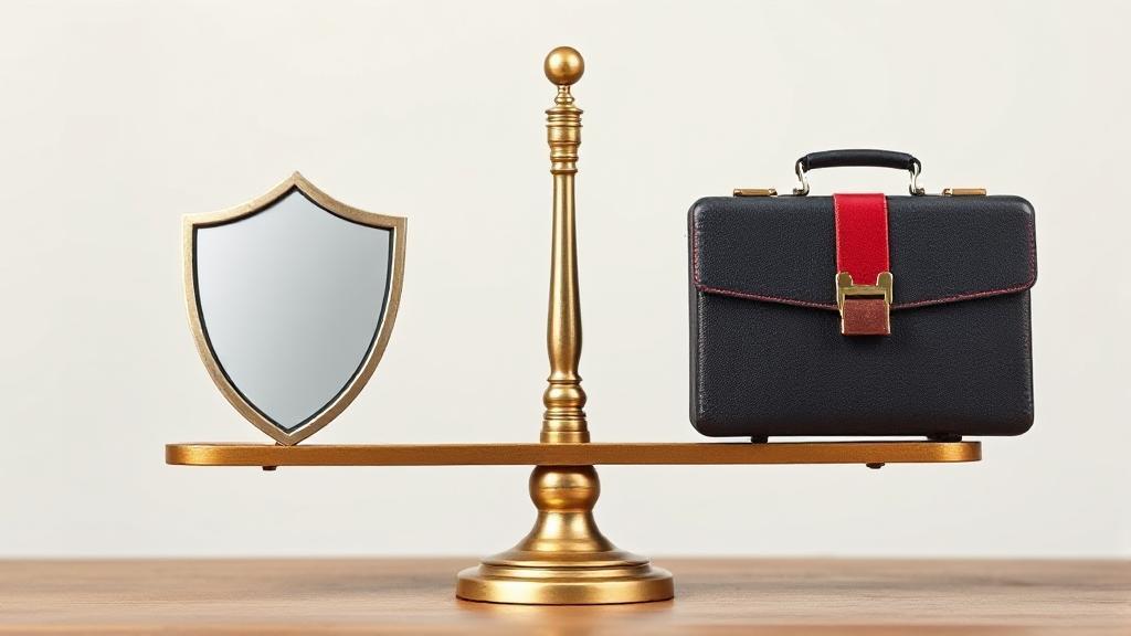 A balanced scale with a shield on one side and a briefcase on the other, symbolizing the pros and cons of employer-provided accident insurance.