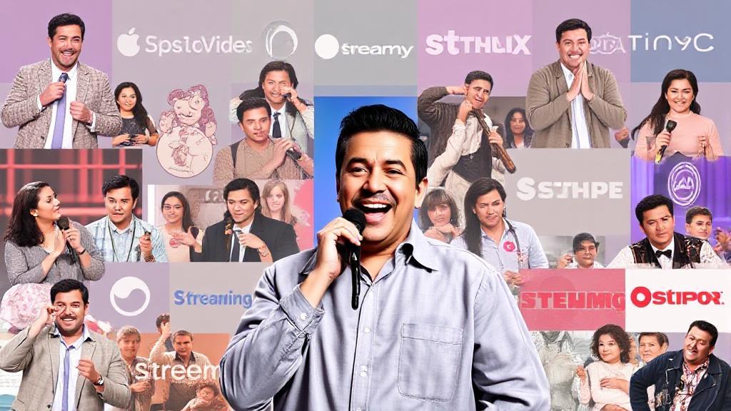 A vibrant collage of George Lopez's iconic moments from his shows and specials, set against a backdrop of streaming platform logos.