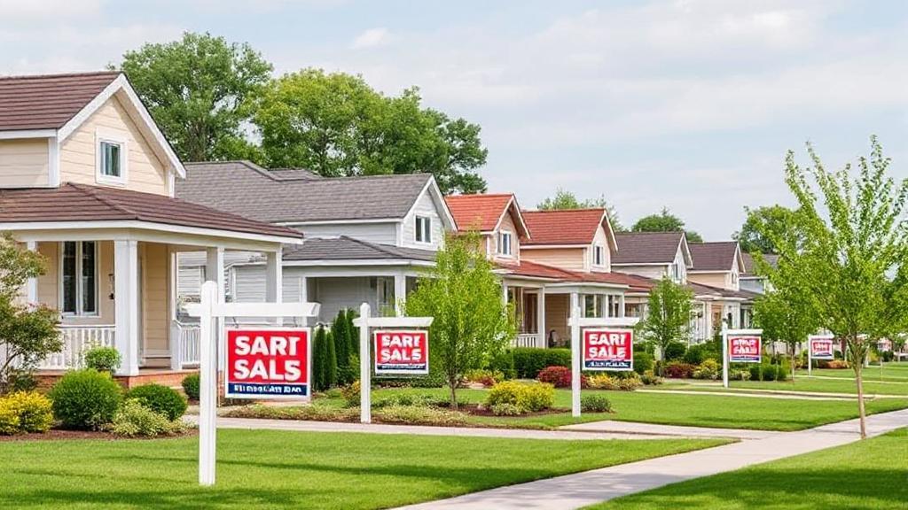 A serene suburban neighborhood with a row of houses, each with a "For Sale" sign, symbolizing the concept of home refinancing.