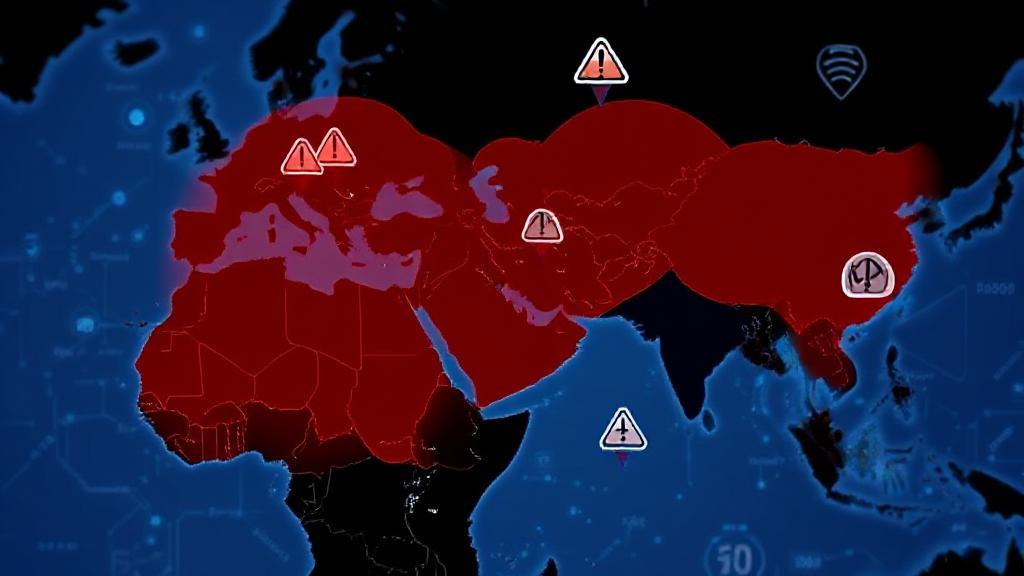 A digital map with highlighted regions indicating internet outage zones, overlaid with icons of warning symbols and connectivity signals.