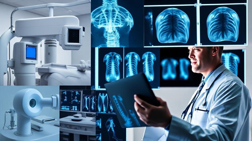 A dynamic collage of medical imaging equipment and a focused radiology technician analyzing X-ray results.