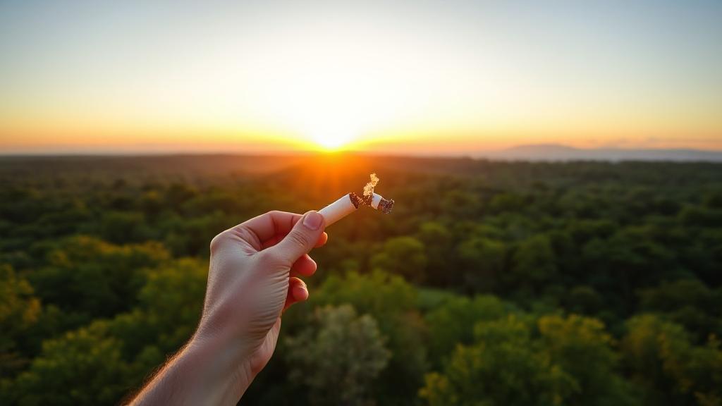 A serene sunrise over a lush green forest, with a person joyfully breaking a cigarette in half, symbolizing freedom from smoking through natural methods.