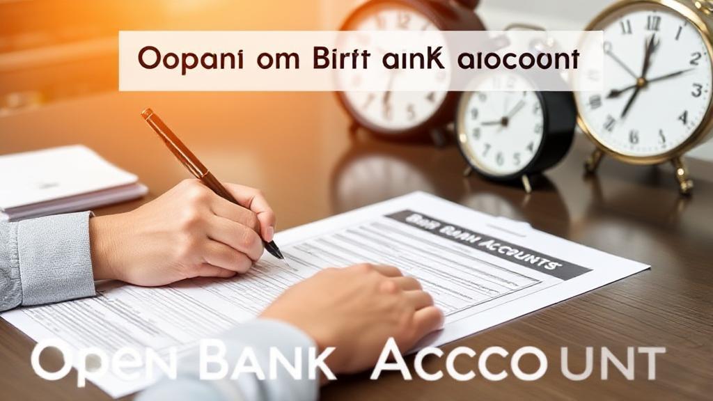 A person filling out bank forms at a desk with a clock in the background, symbolizing the time involved in opening a bank account.