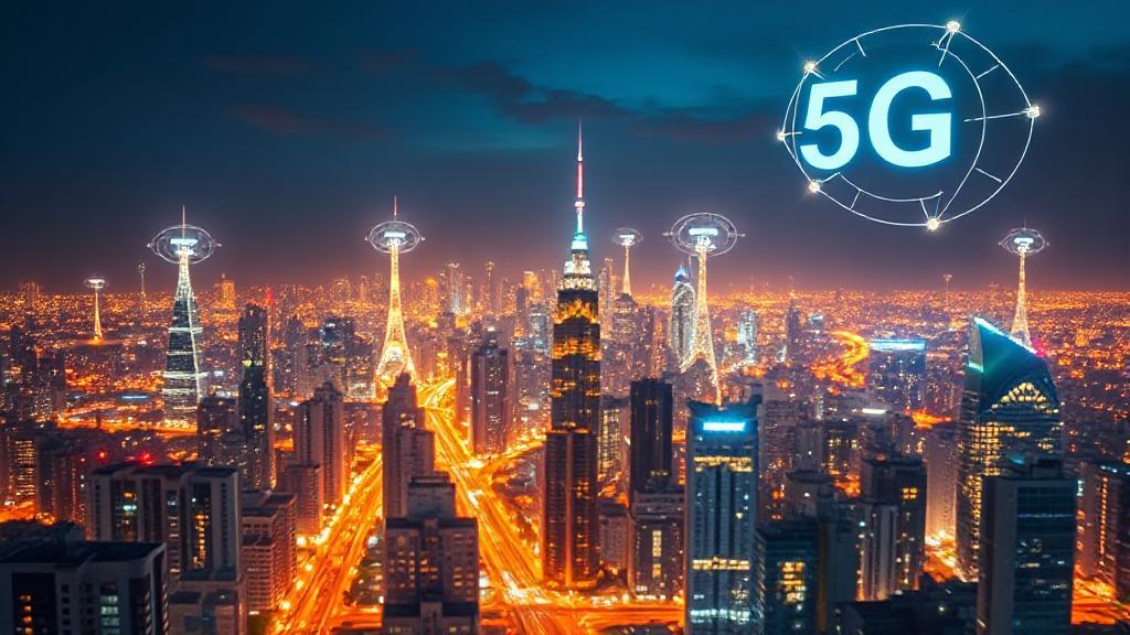 A futuristic cityscape illuminated by vibrant 5G network signals, symbolizing the transformative impact of 5G UC on mobile connectivity.