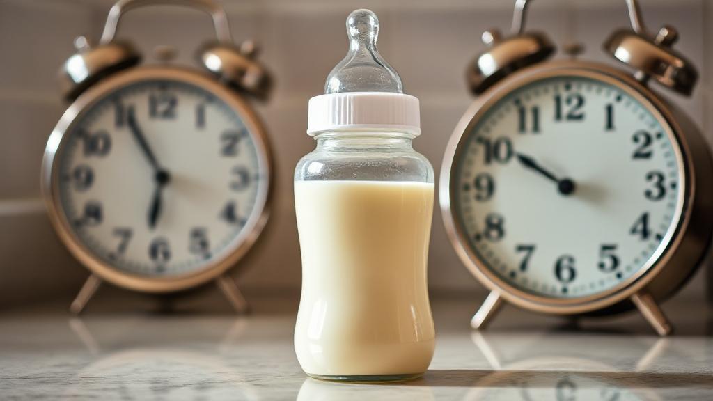 A close-up image of a baby bottle filled with formula, placed on a kitchen counter next to a clock showing the passage of time.