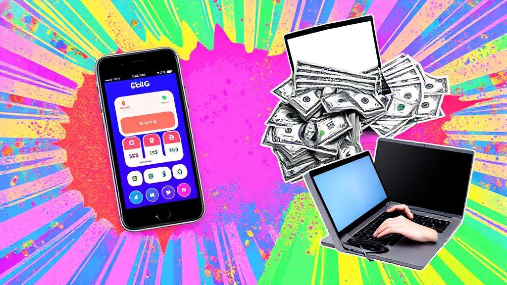 A vibrant collage of various money-making activities, including a smartphone with a gig app, a laptop with freelance work, and cash bills, set against a dynamic, energetic background.