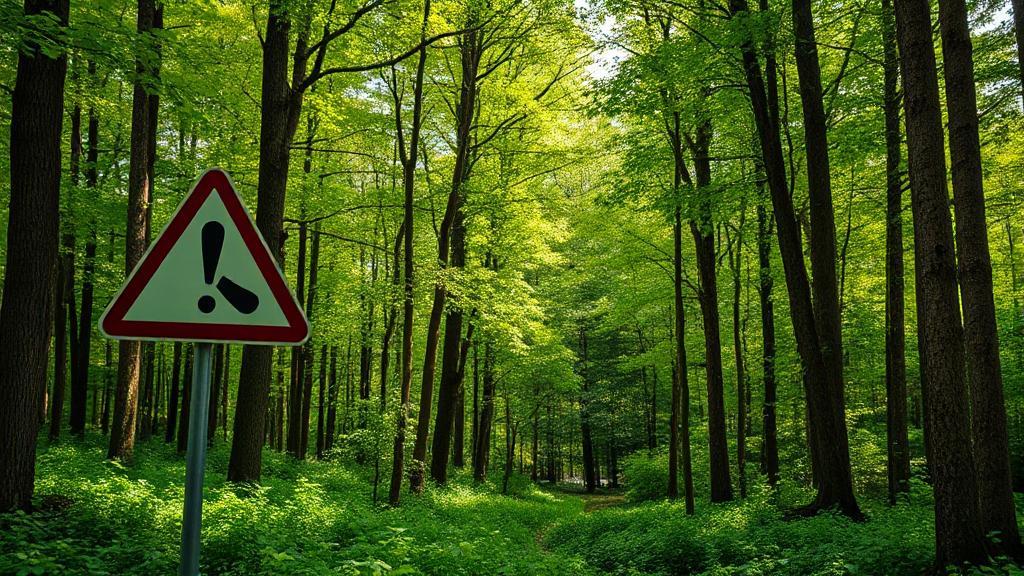 A vibrant image of a lush forest with a caution sign, symbolizing the careful use of herbicides like Roundup to protect tree health.