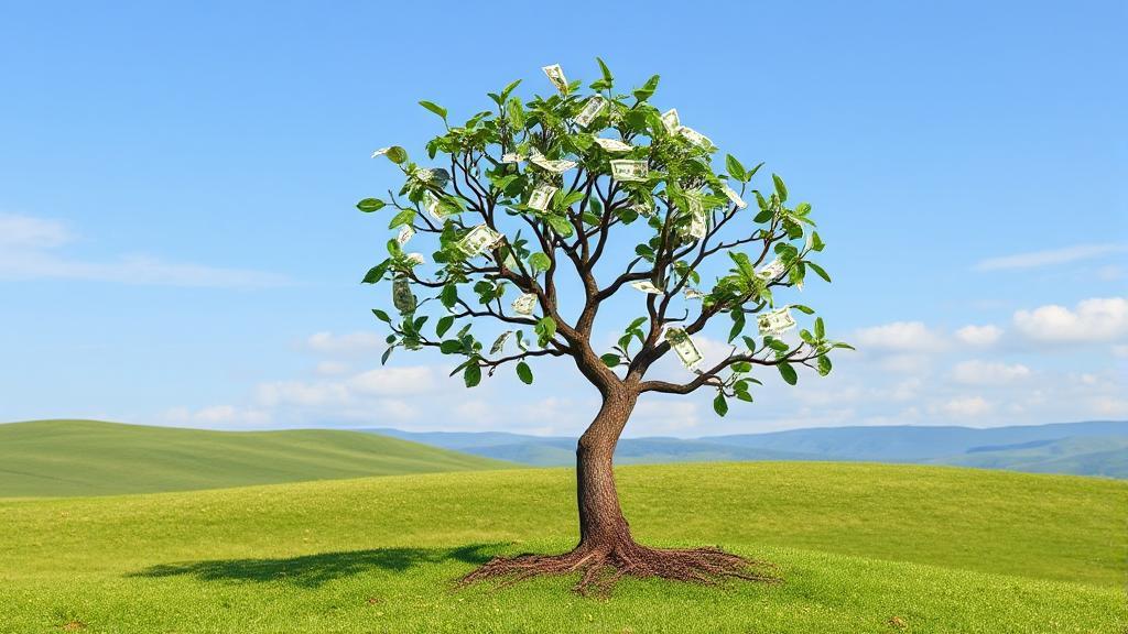 A serene landscape of a growing tree with dollar bills as leaves, symbolizing the growth and potential of wise investments.
