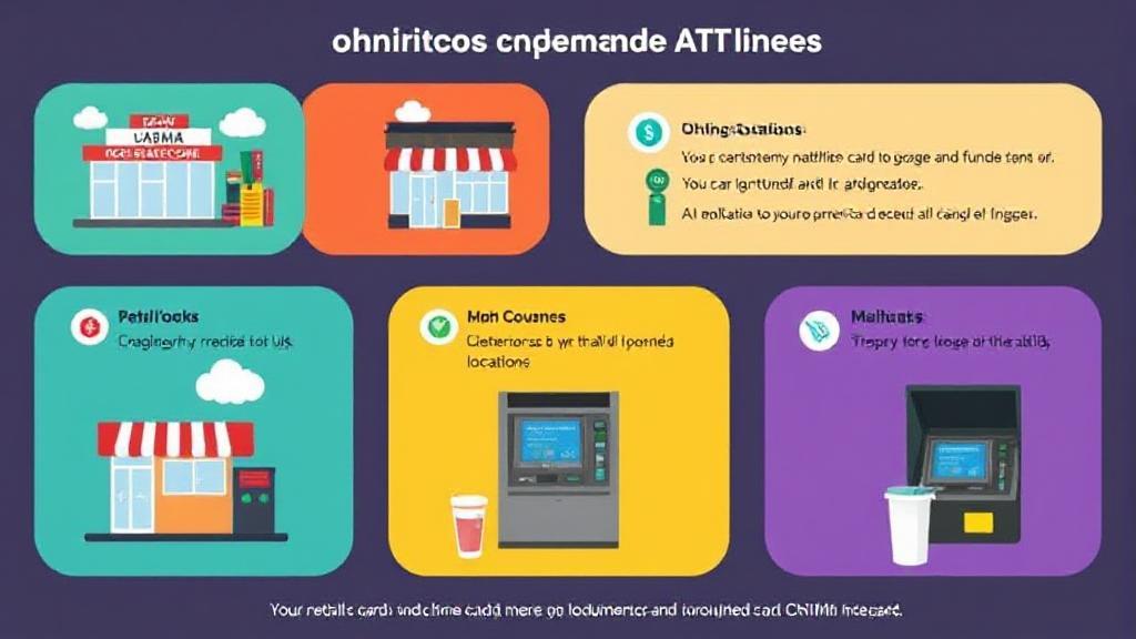 A vibrant image depicting various retail locations and ATMs where Chime card users can conveniently load funds.