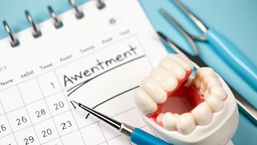 A close-up image of a calendar marked with a dental appointment, surrounded by dental tools and a model of wisdom teeth.