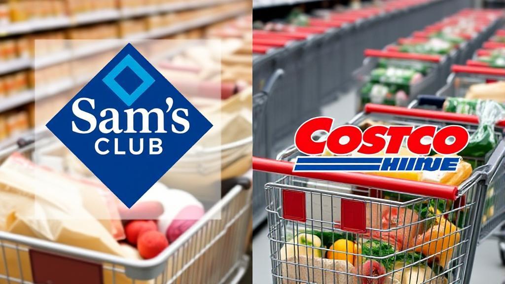 A split image showcasing the logos of Sam's Club and Costco, with shopping carts filled with groceries in the background.