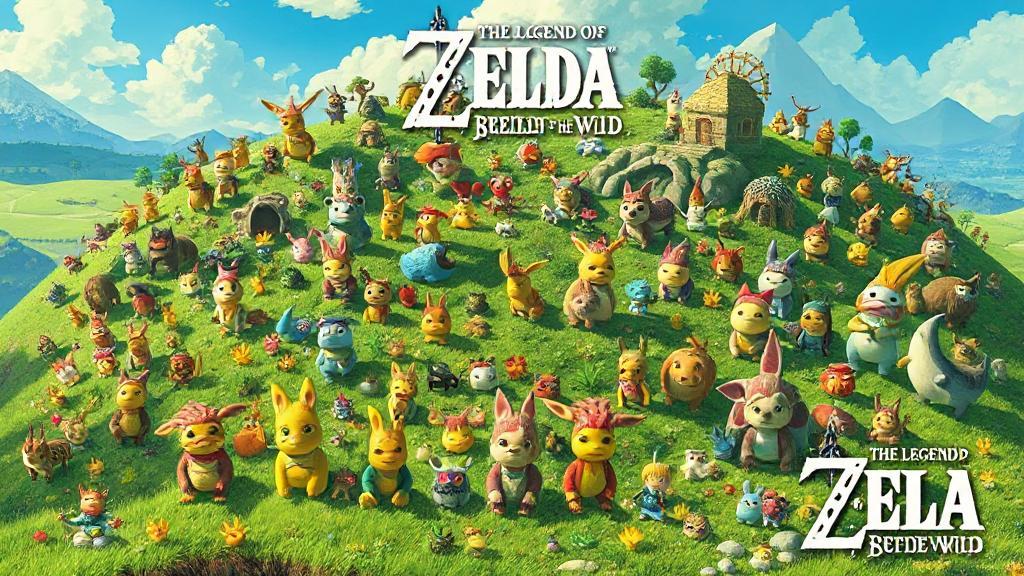 A vibrant collage of Korok characters hidden throughout the vast landscapes of Hyrule from The Legend of Zelda: Breath of the Wild.