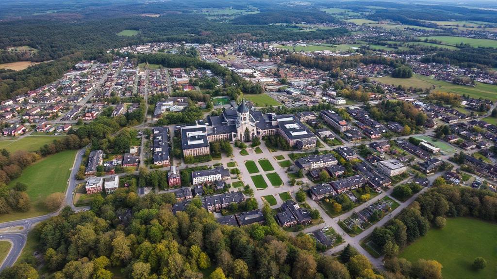 Aerial view of Penn State University's sprawling campus nestled in the scenic landscape of State College, Pennsylvania.