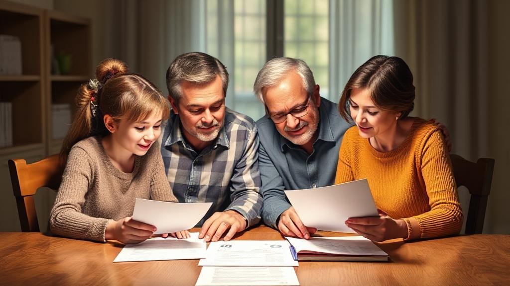A thoughtful depiction of a family reviewing documents at a table, symbolizing the financial planning involved in life insurance decisions.