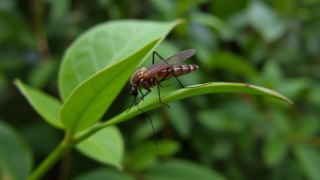 A close-up image of a mosquito perched on a green leaf, with a blurred background of a lush, humid environment.