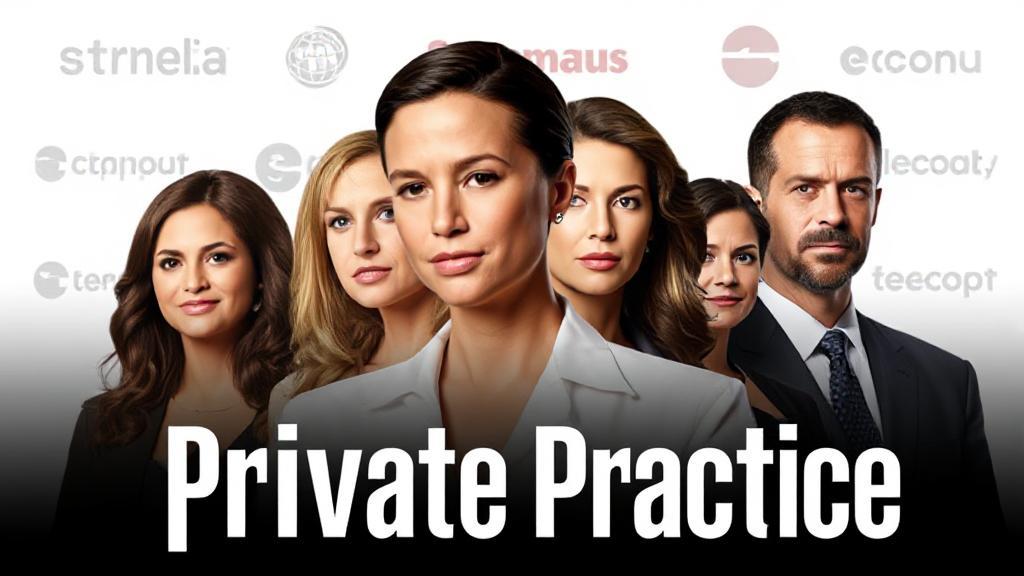 A sleek digital collage featuring the main cast of "Private Practice" with streaming platform logos in the background.