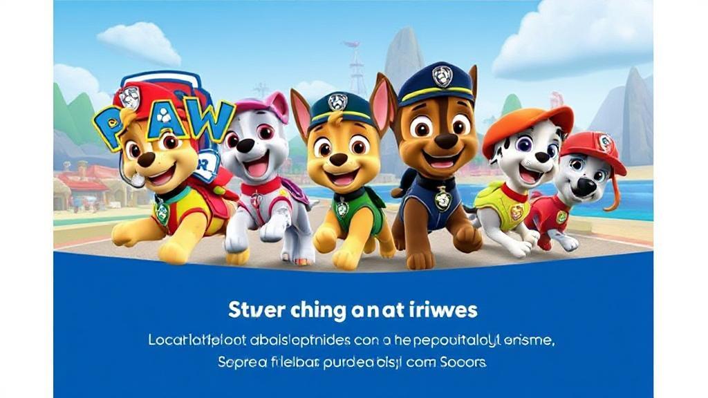 A vibrant and playful image featuring the Paw Patrol pups in action, set against a backdrop of Adventure Bay, enticing viewers to explore streaming options for the beloved kids' show.