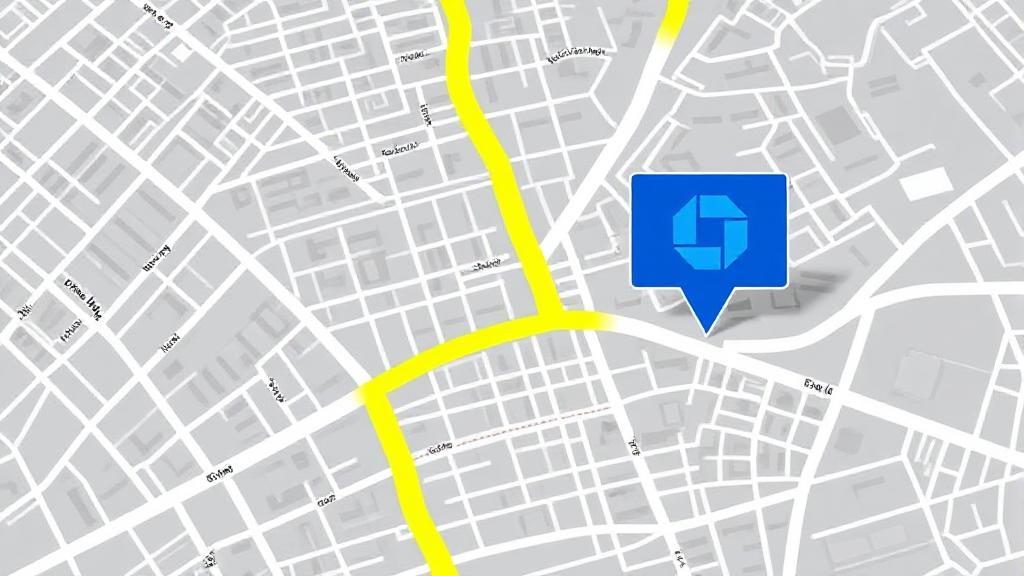 A city map with a highlighted route leading to a Chase Bank branch, marked by the iconic blue logo.