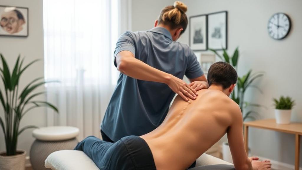 A serene chiropractic clinic setting with a practitioner gently adjusting a patient's spine, symbolizing healing and wellness.