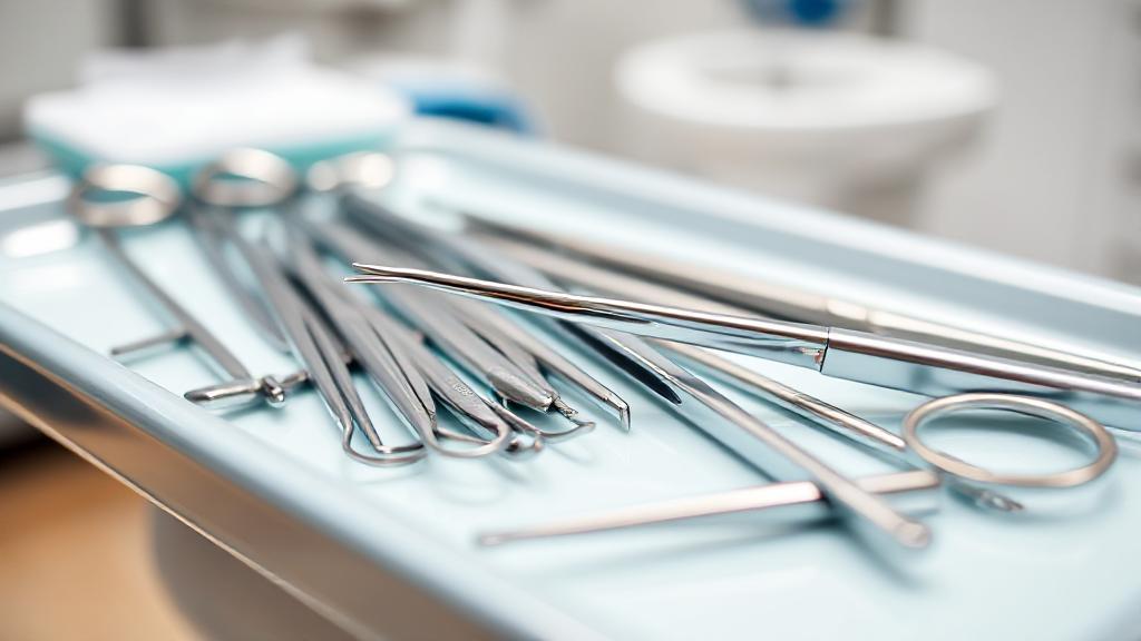 A close-up image of dental tools neatly arranged on a sterile tray in a dentist's office, with a focus on a pair of extraction forceps.