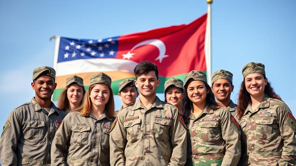 A diverse group of young adults in military uniforms standing proudly in front of a waving national flag.