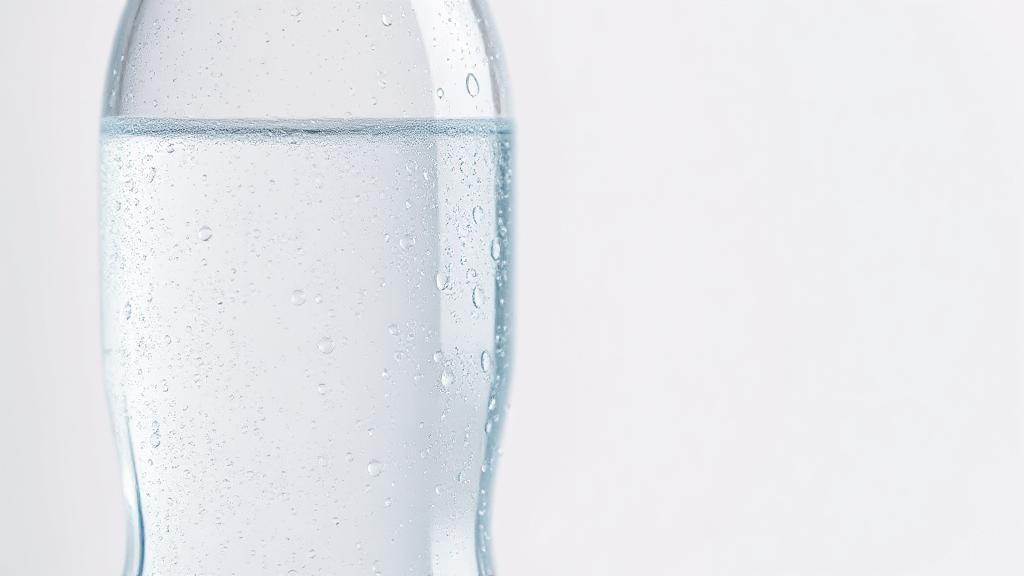 A close-up image of a sparkling clean water bottle with droplets of water on its surface, set against a fresh, minimalist background.