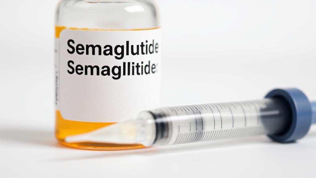 A close-up image of a medicine bottle labeled "Semaglutide" alongside a syringe, set against a neutral background.