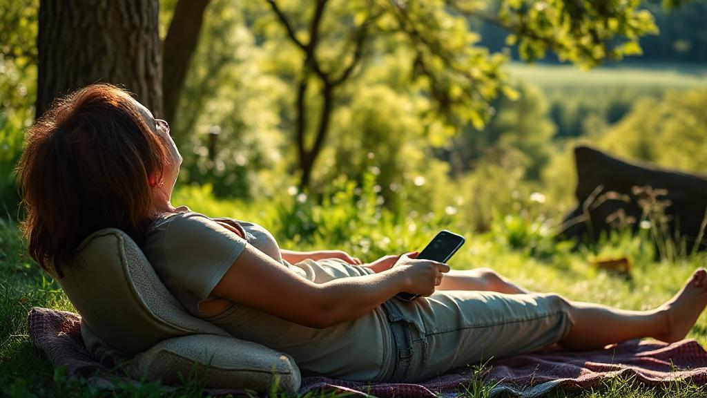 A serene scene of a person relaxing outdoors, surrounded by nature, with their phone set aside, symbolizing peace and rejuvenation from a digital detox.