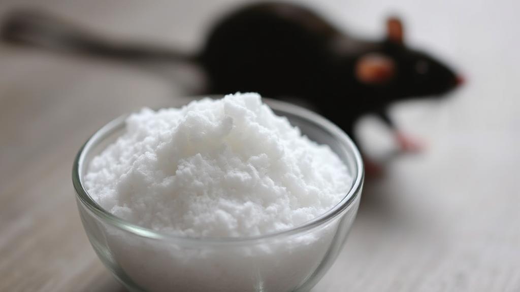 A close-up image of baking soda in a small bowl, with a subtle overlay of a rat silhouette in the background.