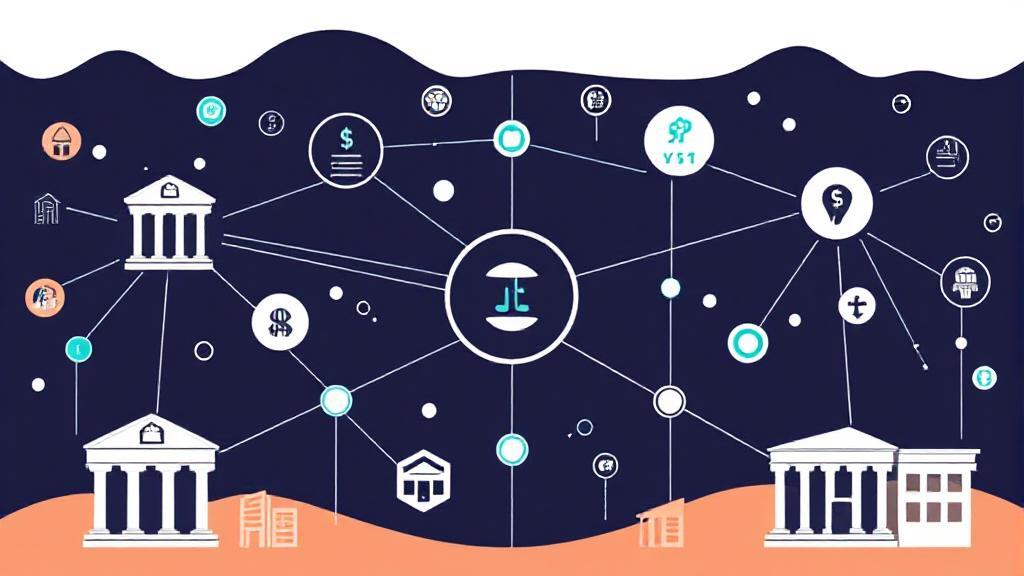 A sleek digital illustration of interconnected banks and financial symbols, representing Chime's network of banking partners and services.